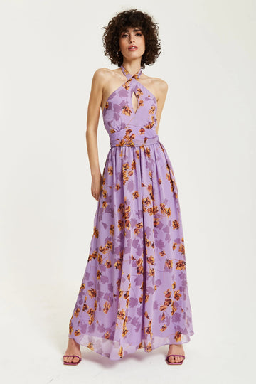 Purple Floral Halter Neck Dress Liquorish